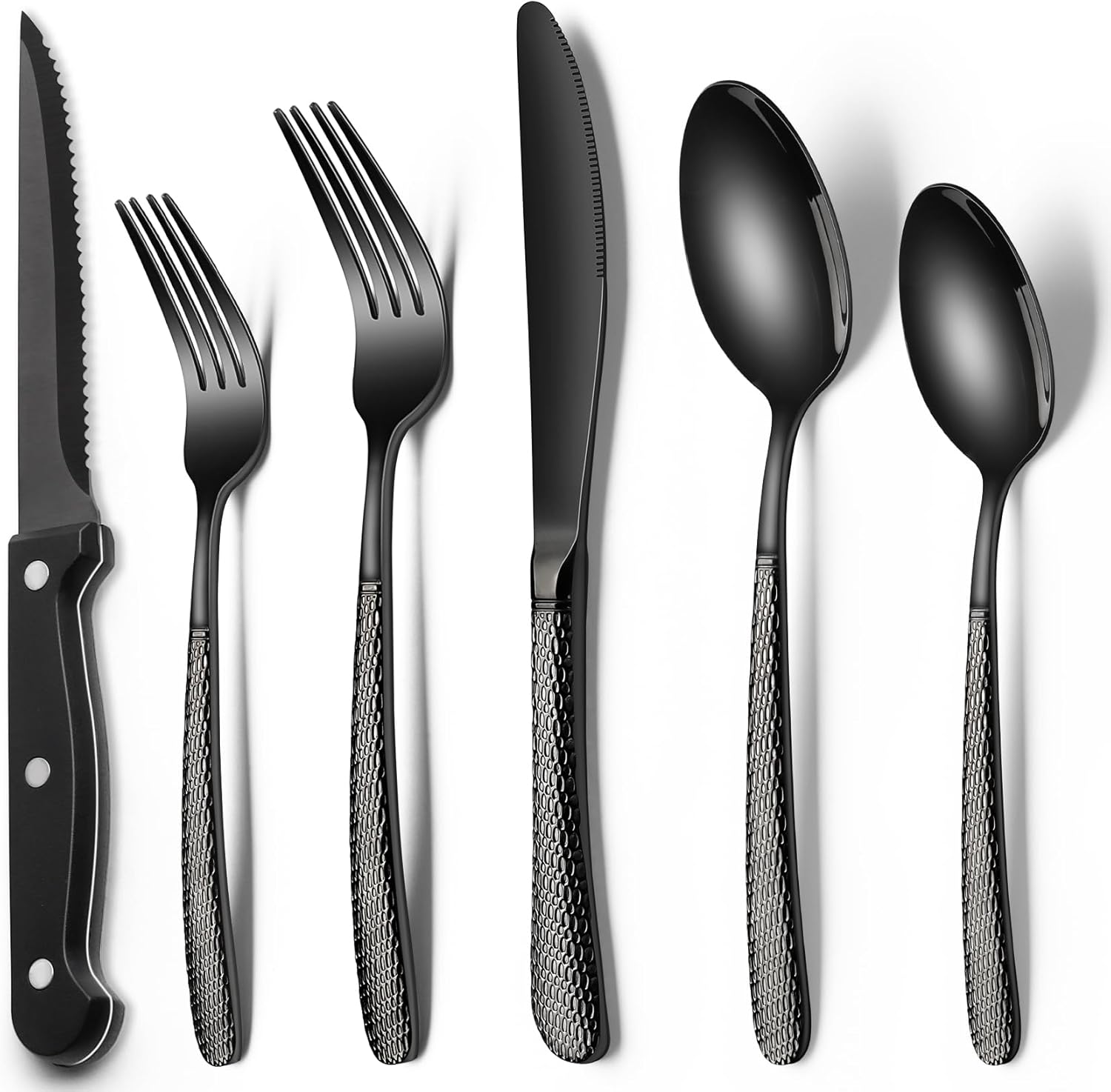 24-Piece Black Silverware Set with Steak Knives, Black Flatware Set for 4, Food-Grade Stainless Steel Tableware Cutlery Set, Mirror Finished Utensil Sets for Home Restaurant - Grand Goldman