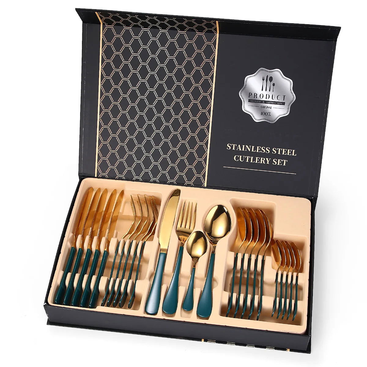 24 piece stainless steel tableware set, knife, fork, spoon, gift box set - Grand Goldman