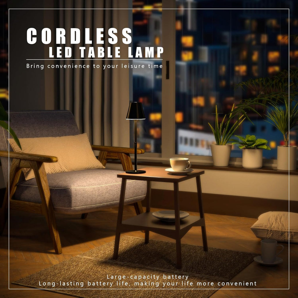 2 Pack LED CordlessTable Lamp,4000mAh Rechargeable Battery Desk lamp,3 Level Brightness Night Light,Minimalist Design, for Couple Dinner/Coffee Table/Restaurant/Bedroom(Black 2pack) - Grand Goldman