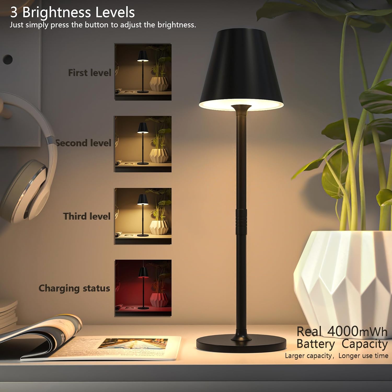 2 Pack LED CordlessTable Lamp,4000mAh Rechargeable Battery Desk lamp,3 Level Brightness Night Light,Minimalist Design, for Couple Dinner/Coffee Table/Restaurant/Bedroom(Black 2pack) - Grand Goldman