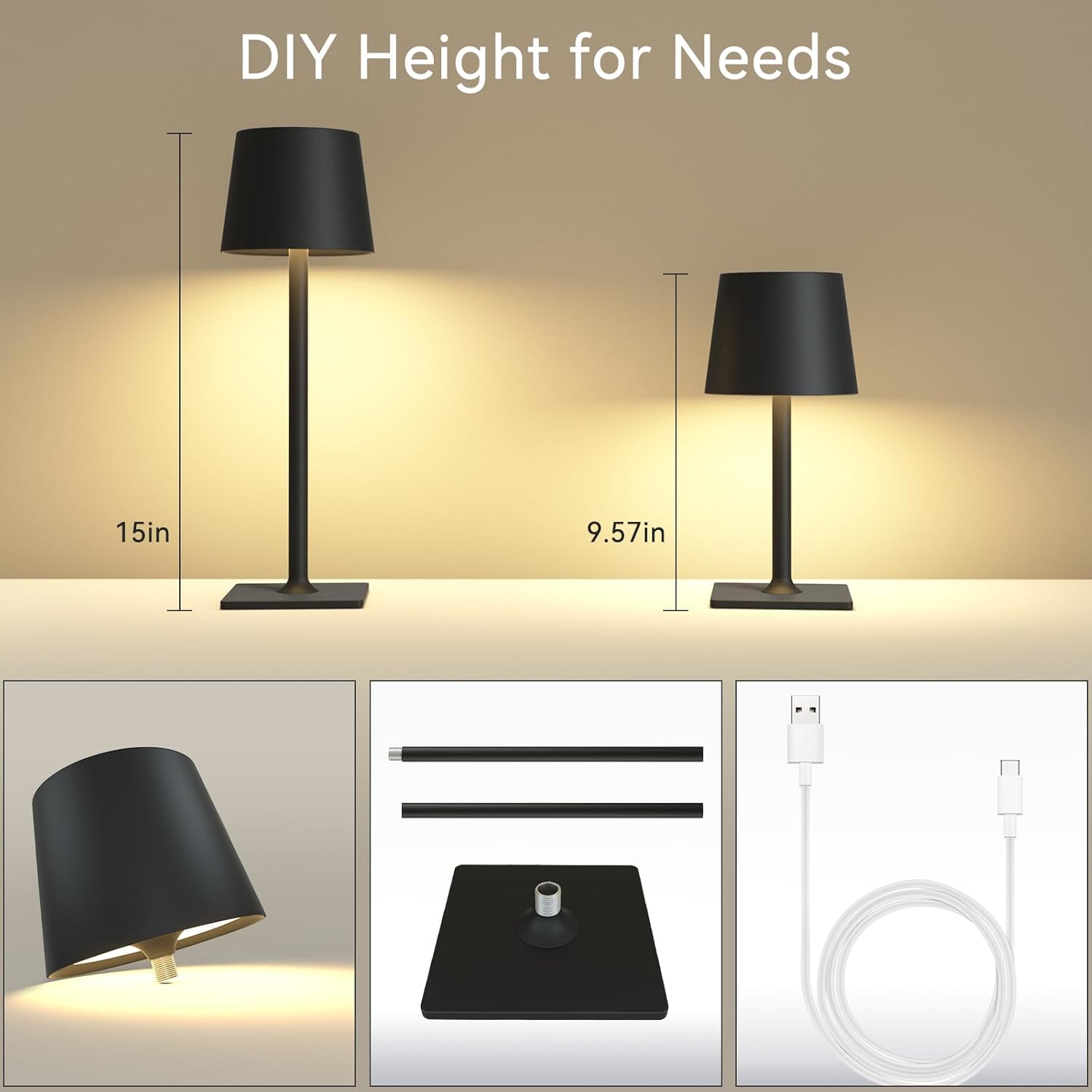 2 Pack Rechargeable Table Lamps,Cordless Lamp with 6000mAh Battery Operated, Portable Indoor/Outdoor Table Lamp for Patio Restaurant Home Dinner Dining Kitchen,Waterproof & Wireless - Grand Goldman