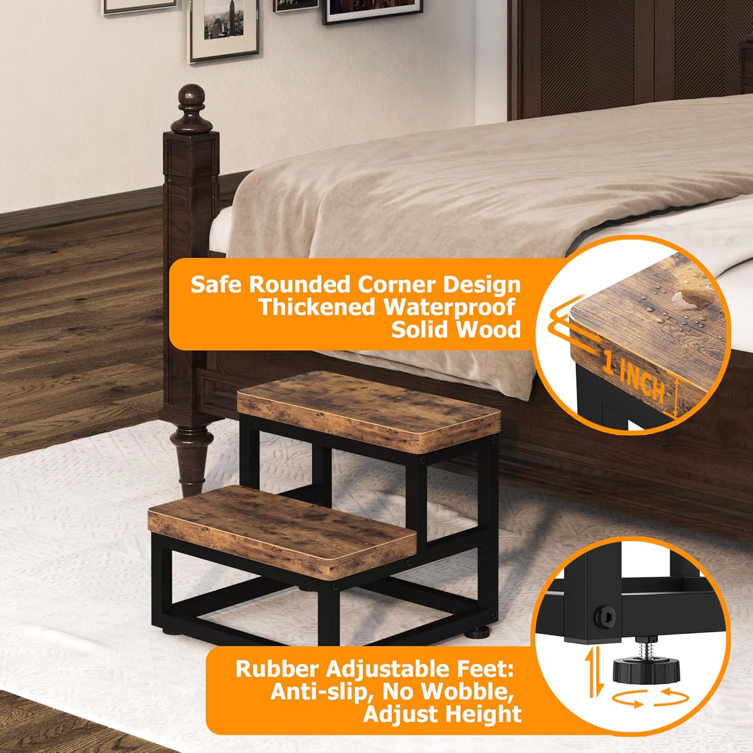 2 Step Wooden Step Stools for Adults Kids, Heavy Duty Stepping Stools Wooden Bed Step Stools for High Beds, Non-Slip 2 Bedside Foot Stool with 500 Lbs Capacity, Kitchen, Bed, RVS Step, Rustic Brown - Grand Goldman