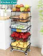 3-Tier Rolling Pantry Floor Organizers and Storage Cart on Wheels, Stackable Wire Pantry Baskets for Pantry Shelves, Kitchen Fruit Basket Stand Storage Rack for Snack Fruit Onion Potato Bread - Grand Goldman