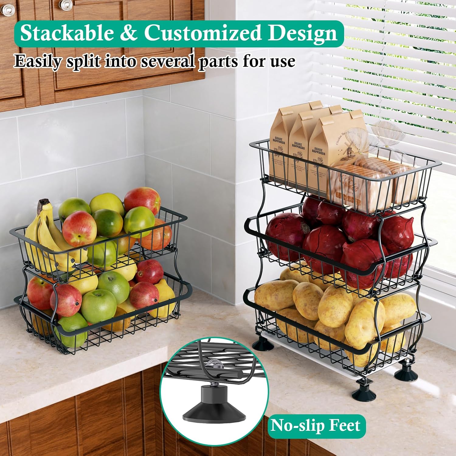 3-Tier Rolling Pantry Floor Organizers and Storage Cart on Wheels, Stackable Wire Pantry Baskets for Pantry Shelves, Kitchen Fruit Basket Stand Storage Rack for Snack Fruit Onion Potato Bread - Grand Goldman