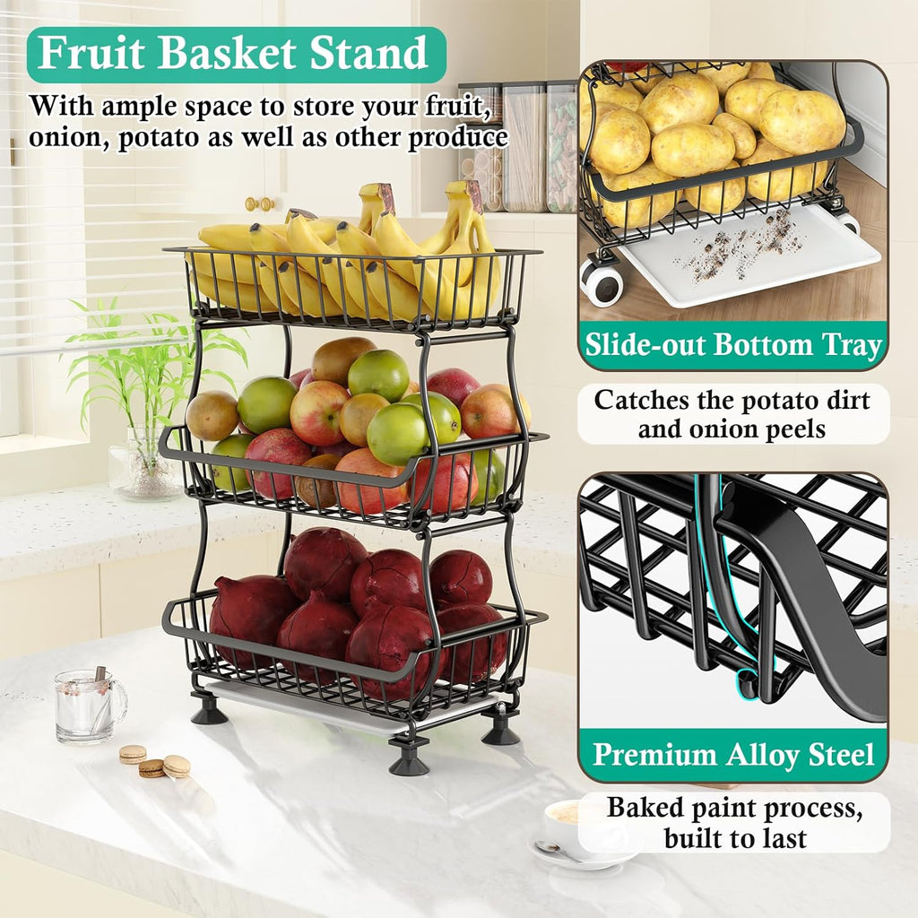 3-Tier Rolling Pantry Floor Organizers and Storage Cart on Wheels, Stackable Wire Pantry Baskets for Pantry Shelves, Kitchen Fruit Basket Stand Storage Rack for Snack Fruit Onion Potato Bread - Grand Goldman