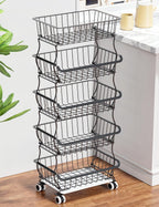 3-Tier Rolling Pantry Floor Organizers and Storage Cart on Wheels, Stackable Wire Pantry Baskets for Pantry Shelves, Kitchen Fruit Basket Stand Storage Rack for Snack Fruit Onion Potato Bread - Grand Goldman