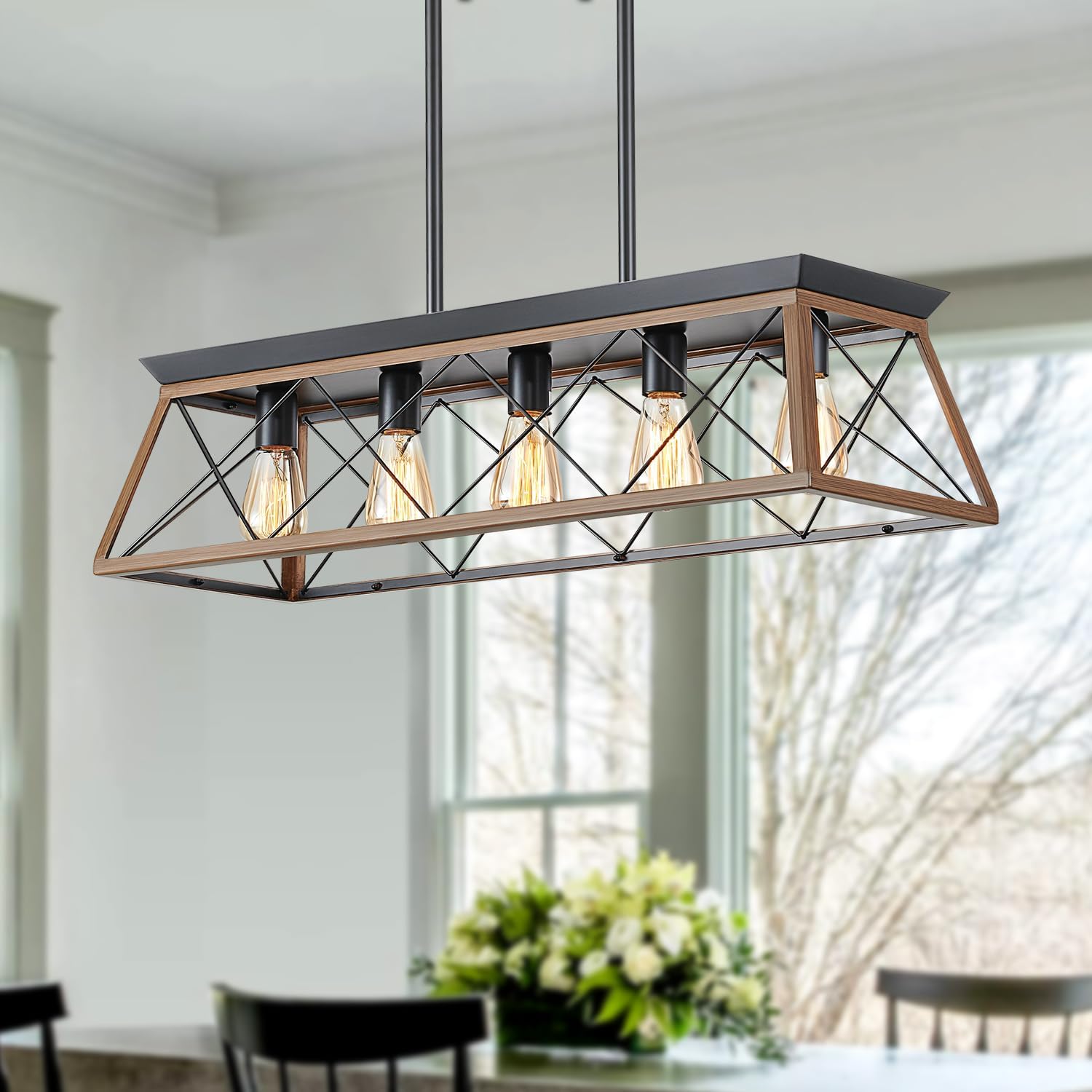 31.5" Farmhouse Kitchen Island Lighting, 5-Light Dining Room Light Fixtures, Rectangular Chandeliers, Rustic Pendant Light Fixtures for Kitchen, Pool Table Lights, Black - Grand Goldman