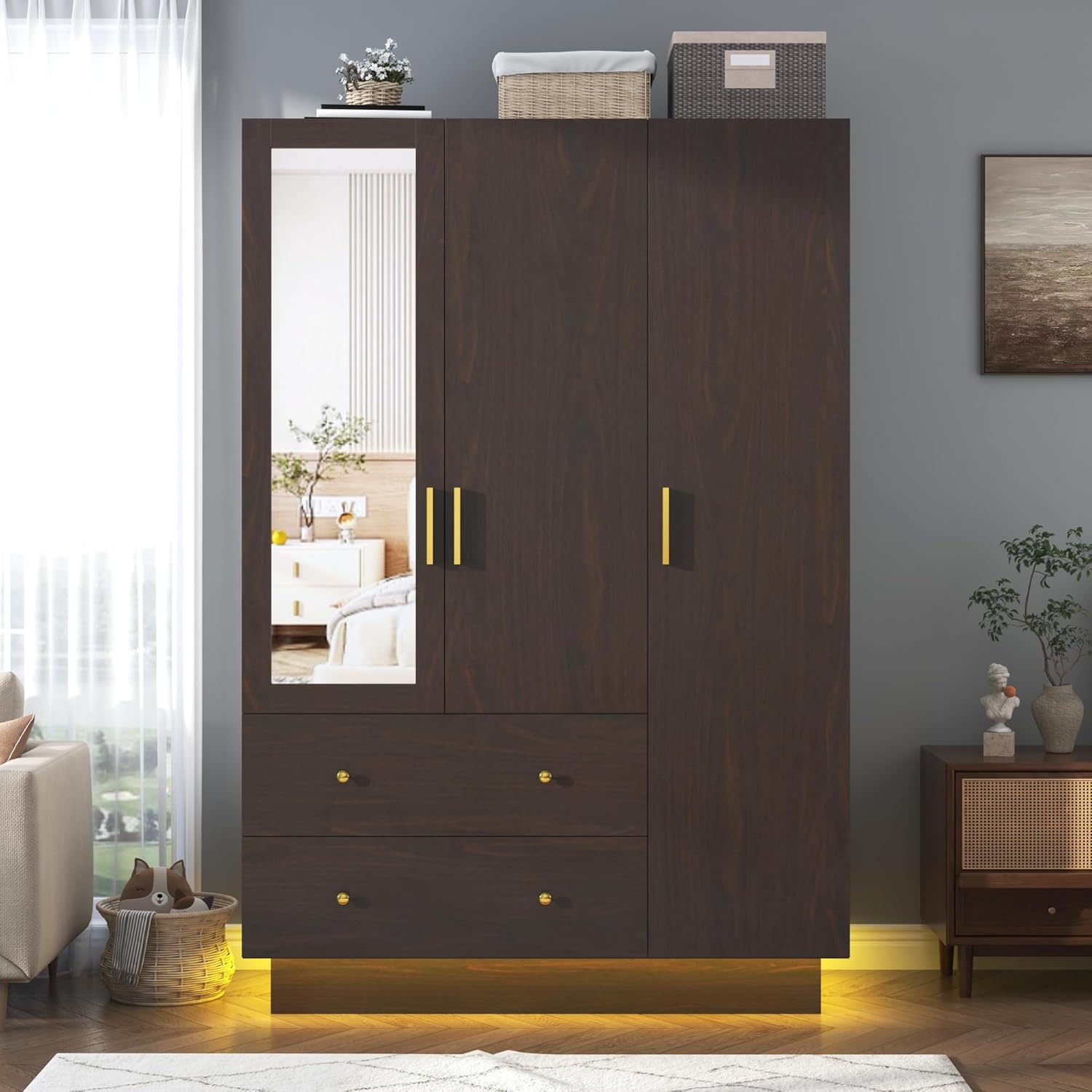 3 Doors Armoire Wardrobe Closet with Mirror, LED Armoire with Doors and Drawers, Wooden Armoire Storage Cabinet with Hanging Rod, Adjustable Shelves, Brown - Grand Goldman
