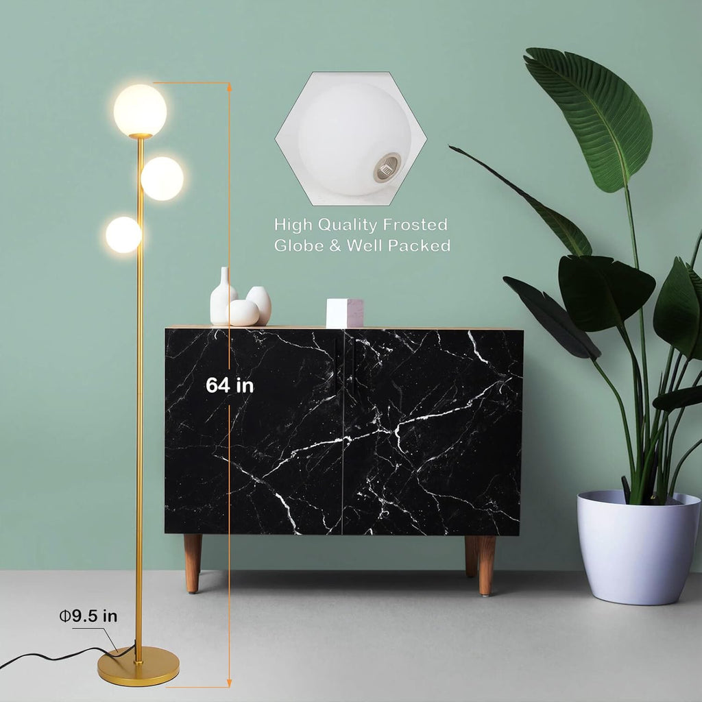 3 Globe Mid Century Modern Floor Lamp for Living Room, Contemporary Gold Lamp with Frosted Glass Shade and Bulbs Included, LED Standing Tall Pole Lamp for Bedrooms, Office - Antique Brass - Grand Goldman