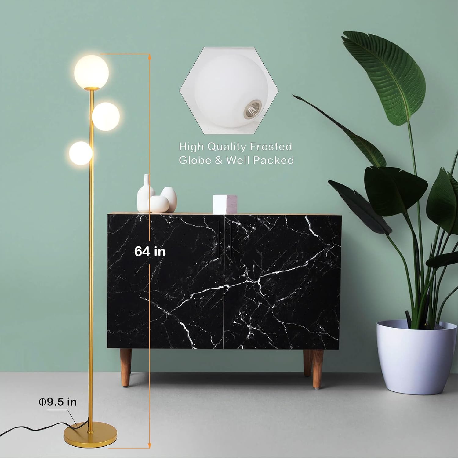 3 Globe Mid Century Modern Floor Lamp for Living Room, Contemporary Gold Lamp with Frosted Glass Shade and Bulbs Included, LED Standing Tall Pole Lamp for Bedrooms, Office - Antique Brass - Grand Goldman