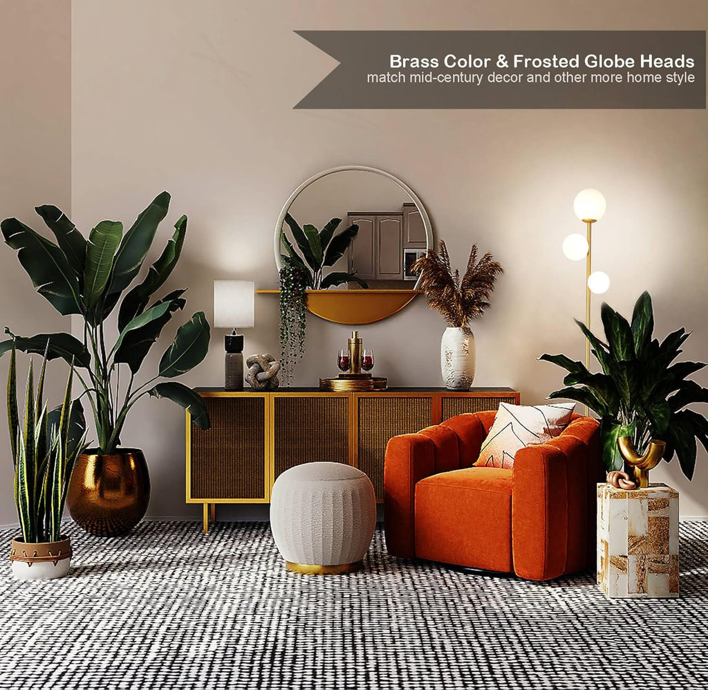 3 Globe Mid Century Modern Floor Lamp for Living Room, Contemporary Gold Lamp with Frosted Glass Shade and Bulbs Included, LED Standing Tall Pole Lamp for Bedrooms, Office - Antique Brass - Grand Goldman