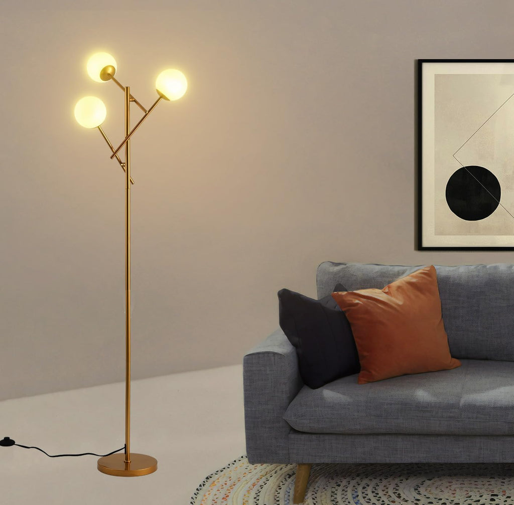 3 Globe Mid Century Modern Floor Lamp for Living Room, Contemporary Gold Lamp with Frosted Glass Shade and Bulbs Included, LED Standing Tall Pole Lamp for Bedrooms, Office - Antique Brass - Grand Goldman