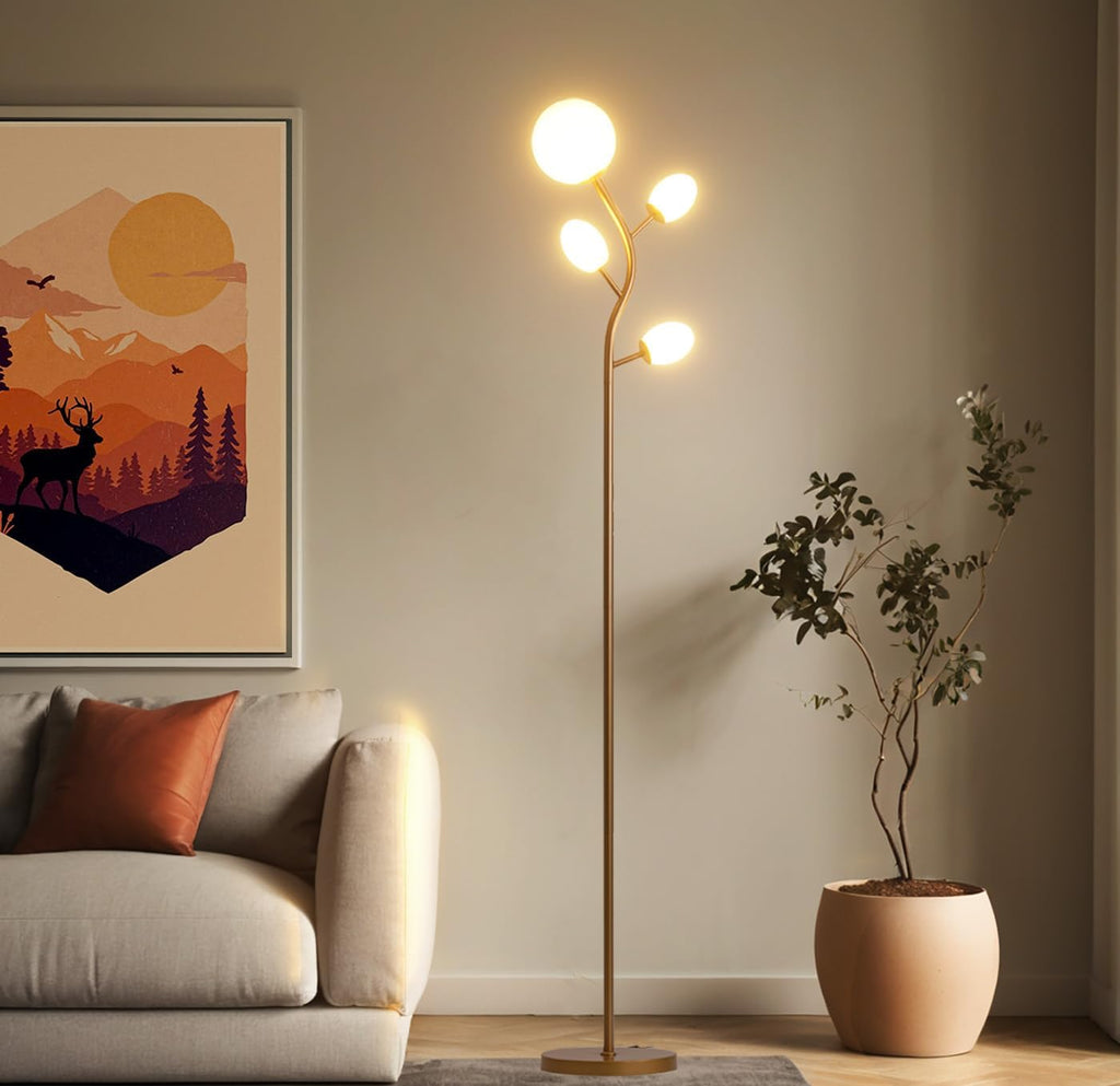 3 Globe Mid Century Modern Floor Lamp for Living Room, Contemporary Gold Lamp with Frosted Glass Shade and Bulbs Included, LED Standing Tall Pole Lamp for Bedrooms, Office - Antique Brass - Grand Goldman