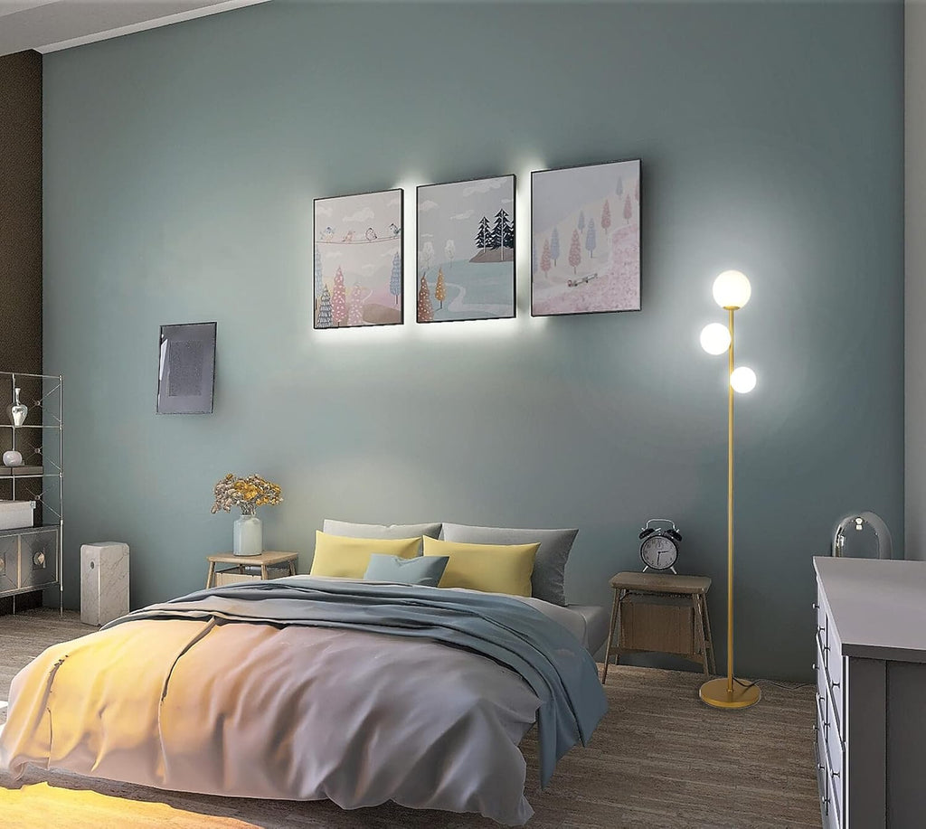 3 Globe Mid Century Modern Floor Lamp for Living Room, Contemporary Gold Lamp with Frosted Glass Shade and Bulbs Included, LED Standing Tall Pole Lamp for Bedrooms, Office - Antique Brass - Grand Goldman