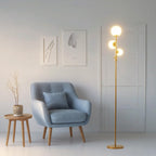 3 Globe Mid Century Modern Floor Lamp for Living Room, Contemporary Gold Lamp with Frosted Glass Shade and Bulbs Included, LED Standing Tall Pole Lamp for Bedrooms, Office - Antique Brass - Grand Goldman