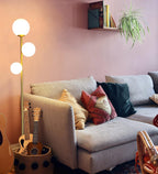 3 Globe Mid Century Modern Floor Lamp for Living Room, Contemporary Gold Lamp with Frosted Glass Shade and Bulbs Included, LED Standing Tall Pole Lamp for Bedrooms, Office - Antique Brass - Grand Goldman