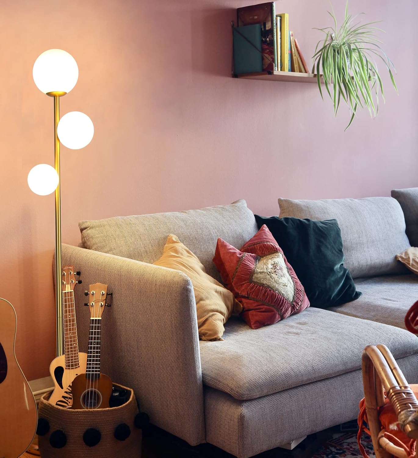 3 Globe Mid Century Modern Floor Lamp for Living Room, Contemporary Gold Lamp with Frosted Glass Shade and Bulbs Included, LED Standing Tall Pole Lamp for Bedrooms, Office - Antique Brass - Grand Goldman