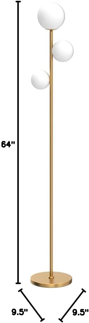 3 Globe Mid Century Modern Floor Lamp for Living Room, Contemporary Gold Lamp with Frosted Glass Shade and Bulbs Included, LED Standing Tall Pole Lamp for Bedrooms, Office - Antique Brass - Grand Goldman