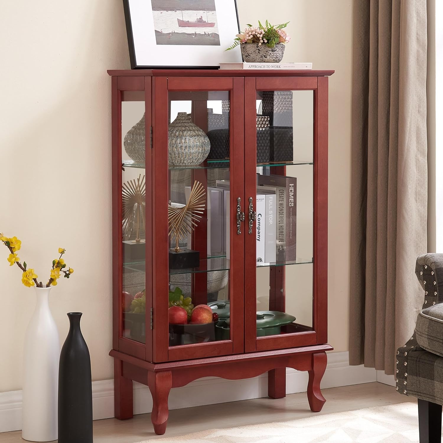 44" H Curio Cabinet with Tempered Glass Doors, Glass Display Cabinet with Light Bulb inclued, Curio Storage Cabinet with Mirrored Back Panel and Adjustable Shelves (Dark Cherry) - Grand Goldman