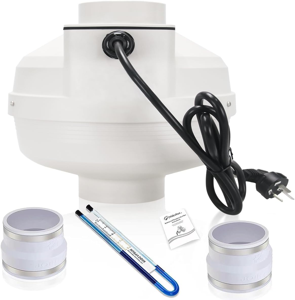 4 inch Radon Fan Installation Kit -Inline Centrifugal Fan with Rubber Couplers (4 inch x 3 inch) and Air Pressure Indicator
