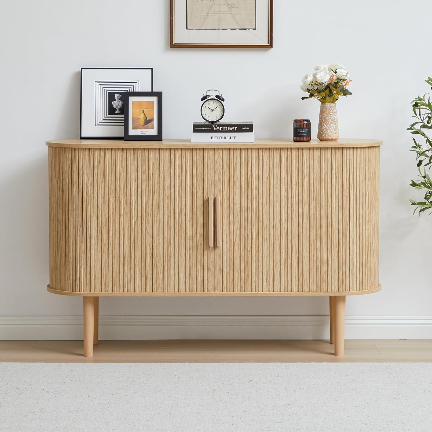 53''Sideboard Buffer Cabinet with Fluted Slide Doors, Modern Credenza Storage Cabinet, Tamour Bar Cabinet Console Table for Living Dining Room Kitchen Hallway Entryway, Walnut - Grand Goldman