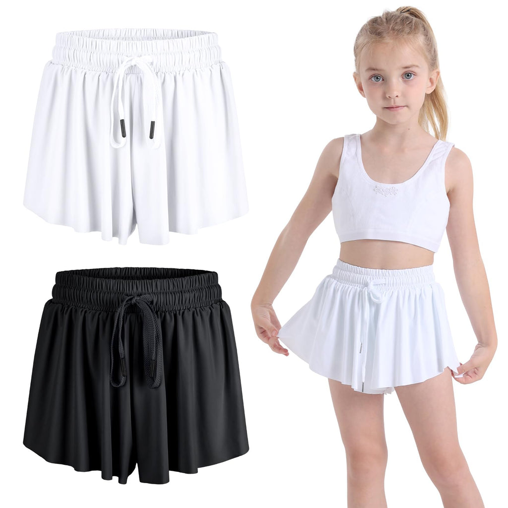 2 Pack Girls Athletic Flowy Shorts with Spandex Liner 2-in-1 Kids Butterfly Skirts Shorts for Dancing Running Sports