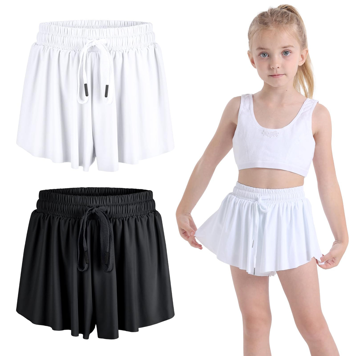 2 Pack Girls Athletic Flowy Shorts with Spandex Liner 2-in-1 Kids Butterfly Skirts Shorts for Dancing Running Sports