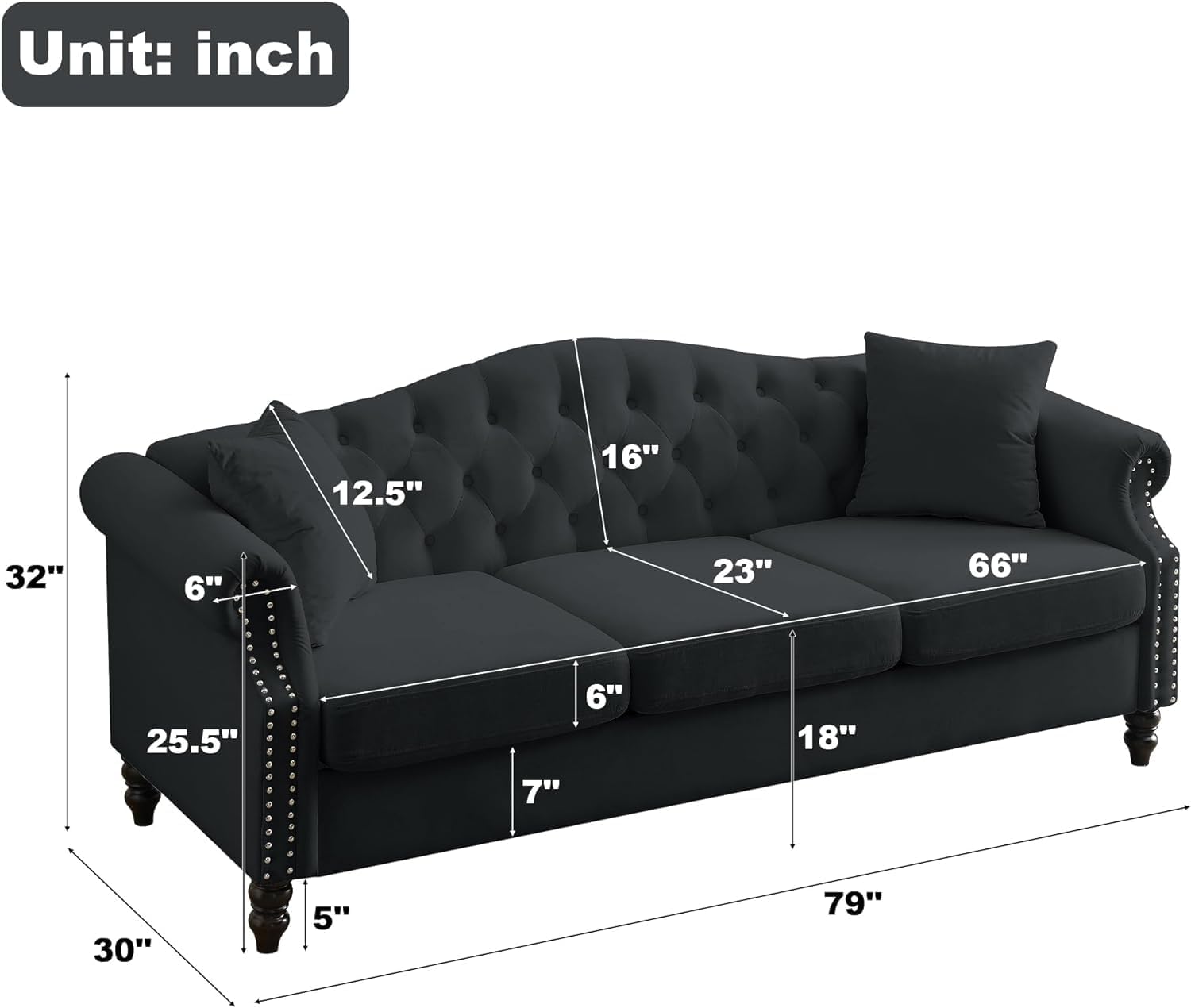 79" Chesterfield Velvet 3-Seater Sofa for Living Room,Tufted Couch with Rolled Arms Nailhead and Two Pillows for Living Room, Bedroom