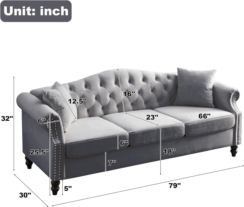 2 Piece Velvet Chesterfield Sofa,79" 3 Seater and 57" Loveseat Sofa Set,Button Tufted Nailhead Trimming Curved Backrest Rolled Arm (Grey, 79" 3 Seater and 57" Loveseat Velvet Sofa Sets)