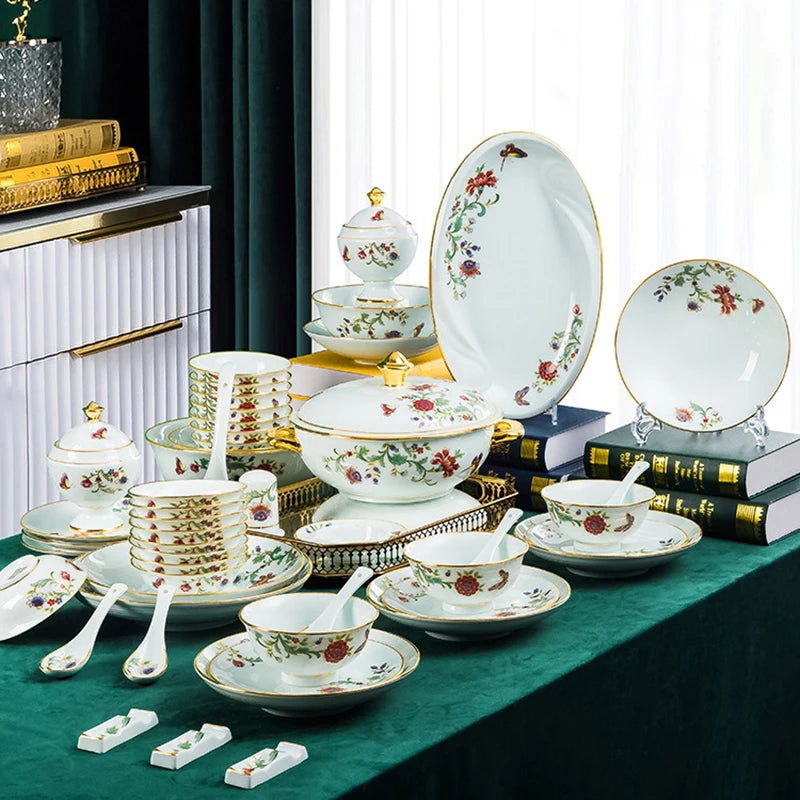 68 Piece Set Tableware Set Bowl and Dish 68 Piece Set Gilding Process Floral Butterfly Double Ear Pot Plate Spoon Stewing Cup Combination Set - Grand Goldman