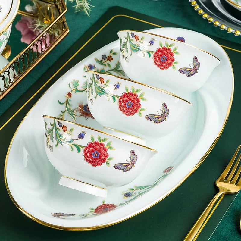 68 Piece Set Tableware Set Bowl and Dish 68 Piece Set Gilding Process Floral Butterfly Double Ear Pot Plate Spoon Stewing Cup Combination Set - Grand Goldman