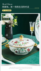 68 Piece Set Tableware Set Bowl and Dish 68 Piece Set Gilding Process Floral Butterfly Double Ear Pot Plate Spoon Stewing Cup Combination Set - Grand Goldman