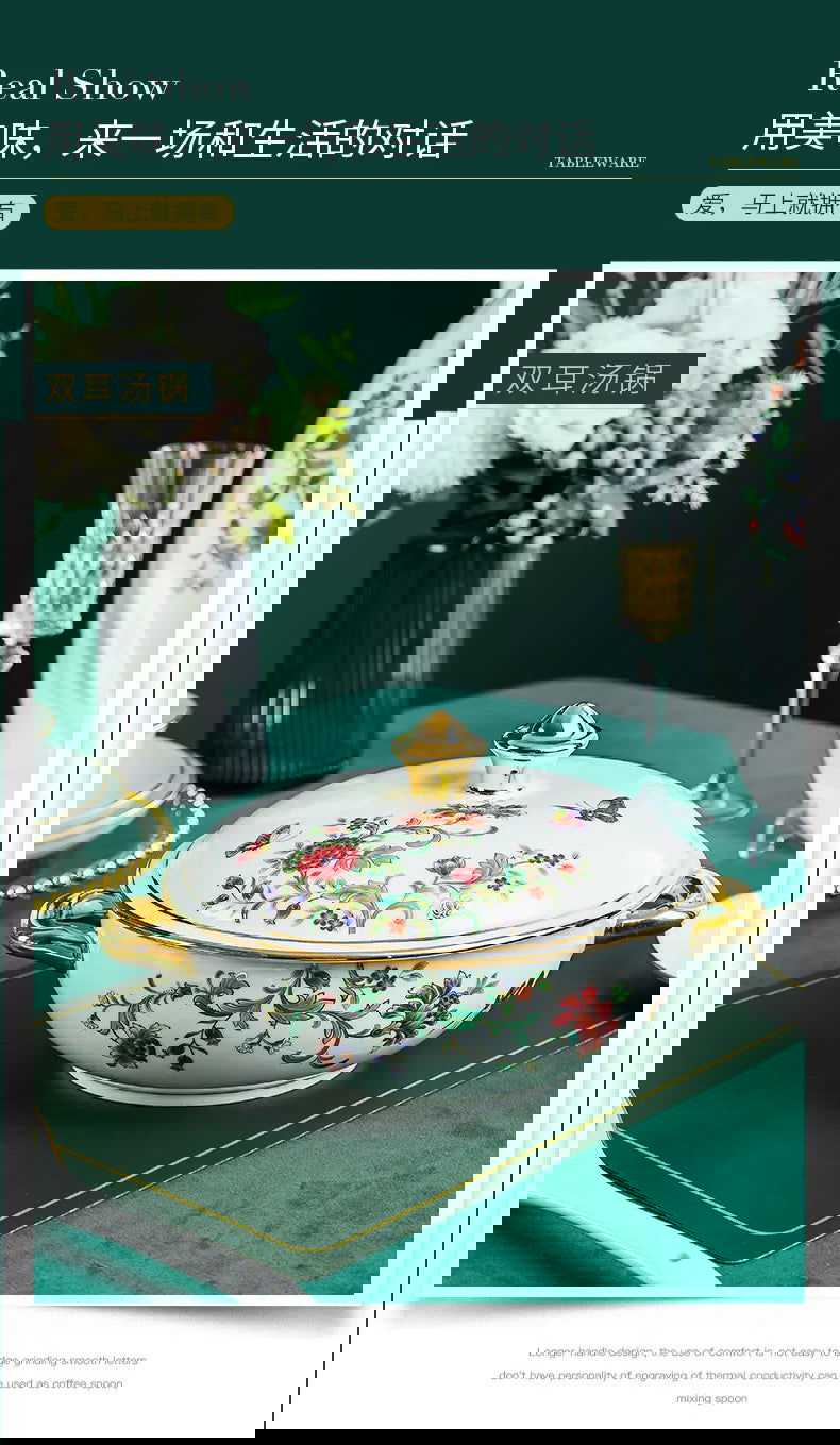 68 Piece Set Tableware Set Bowl and Dish 68 Piece Set Gilding Process Floral Butterfly Double Ear Pot Plate Spoon Stewing Cup Combination Set - Grand Goldman