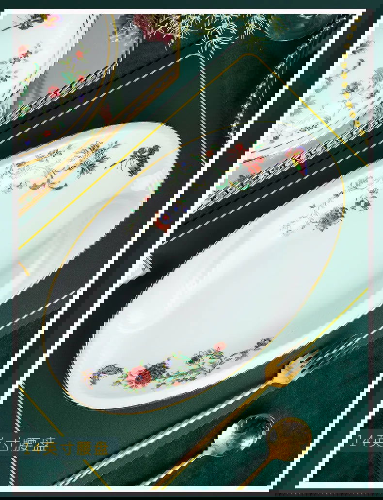 68 Piece Set Tableware Set Bowl and Dish 68 Piece Set Gilding Process Floral Butterfly Double Ear Pot Plate Spoon Stewing Cup Combination Set - Grand Goldman