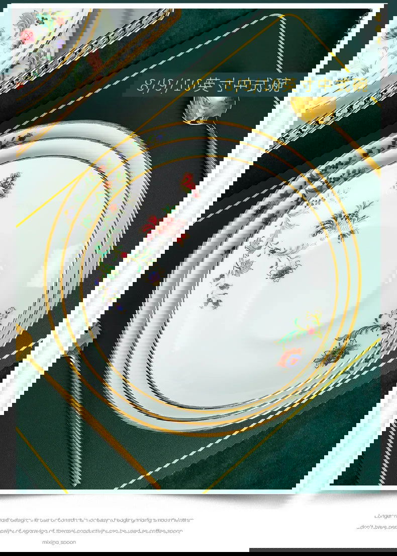 68 Piece Set Tableware Set Bowl and Dish 68 Piece Set Gilding Process Floral Butterfly Double Ear Pot Plate Spoon Stewing Cup Combination Set - Grand Goldman