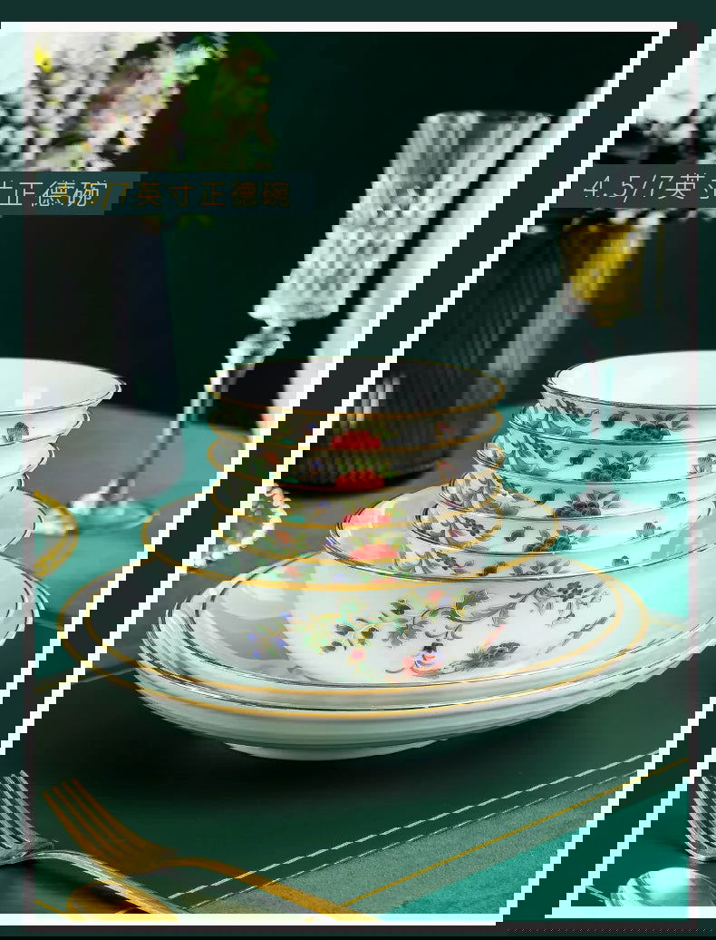 68 Piece Set Tableware Set Bowl and Dish 68 Piece Set Gilding Process Floral Butterfly Double Ear Pot Plate Spoon Stewing Cup Combination Set - Grand Goldman