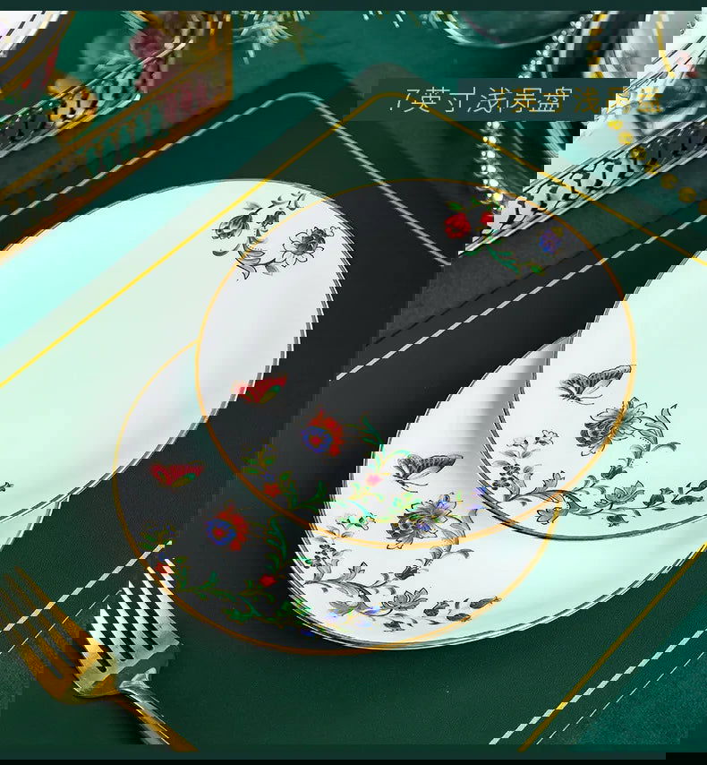 68 Piece Set Tableware Set Bowl and Dish 68 Piece Set Gilding Process Floral Butterfly Double Ear Pot Plate Spoon Stewing Cup Combination Set - Grand Goldman