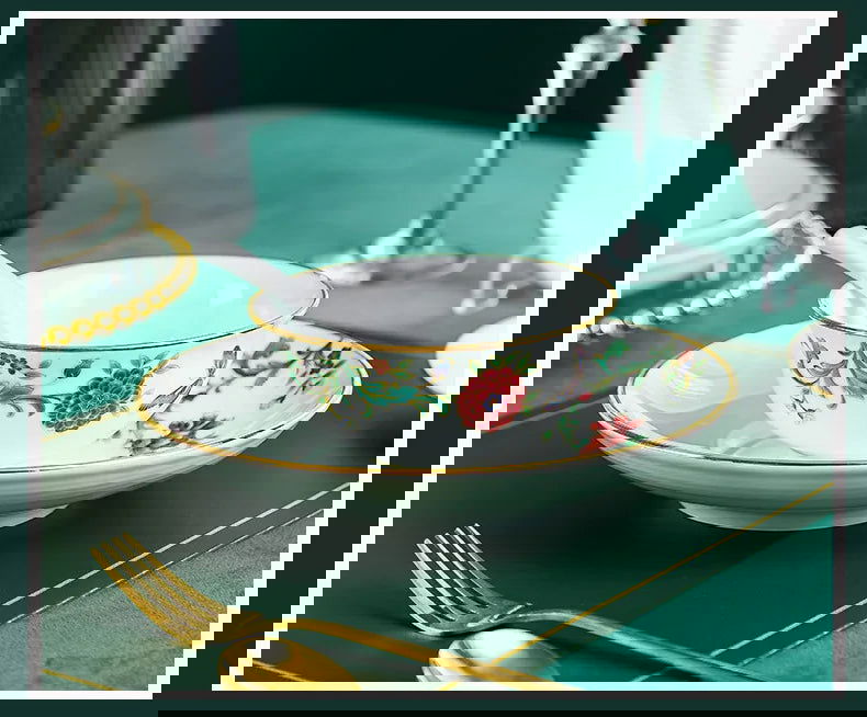 68 Piece Set Tableware Set Bowl and Dish 68 Piece Set Gilding Process Floral Butterfly Double Ear Pot Plate Spoon Stewing Cup Combination Set - Grand Goldman