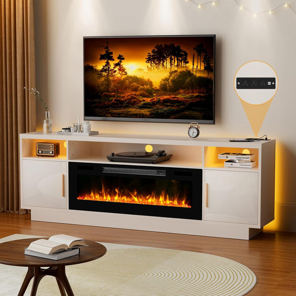 70'' TV Stand with 36'' Fireplace-LED Light Entertainment Center for 75+ inch TV-White TV Cabinet with Storage, Modern TV Console for Living Room - Grand Goldman