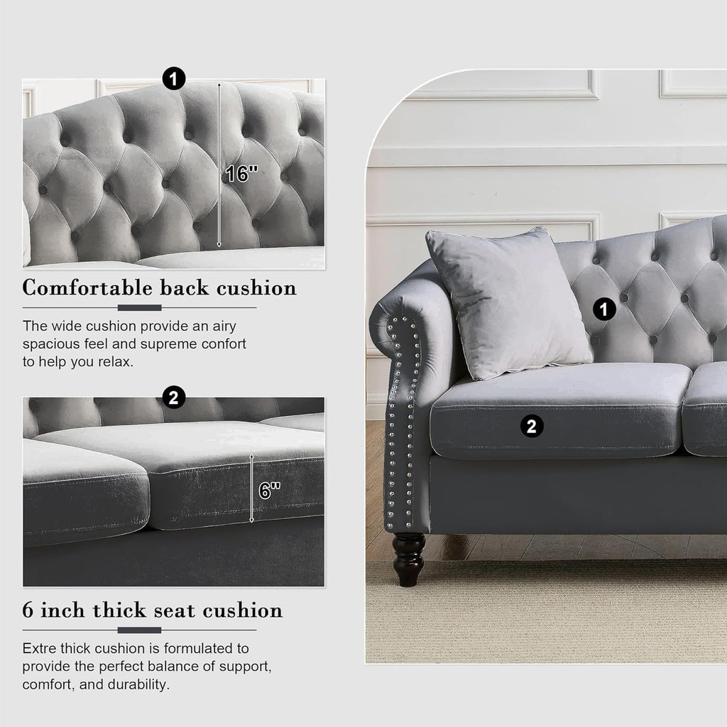 2 Piece Velvet Chesterfield Sofa,79" 3 Seater and 57" Loveseat Sofa Set,Button Tufted Nailhead Trimming Curved Backrest Rolled Arm (Grey, 79" 3 Seater and 57" Loveseat Velvet Sofa Sets)