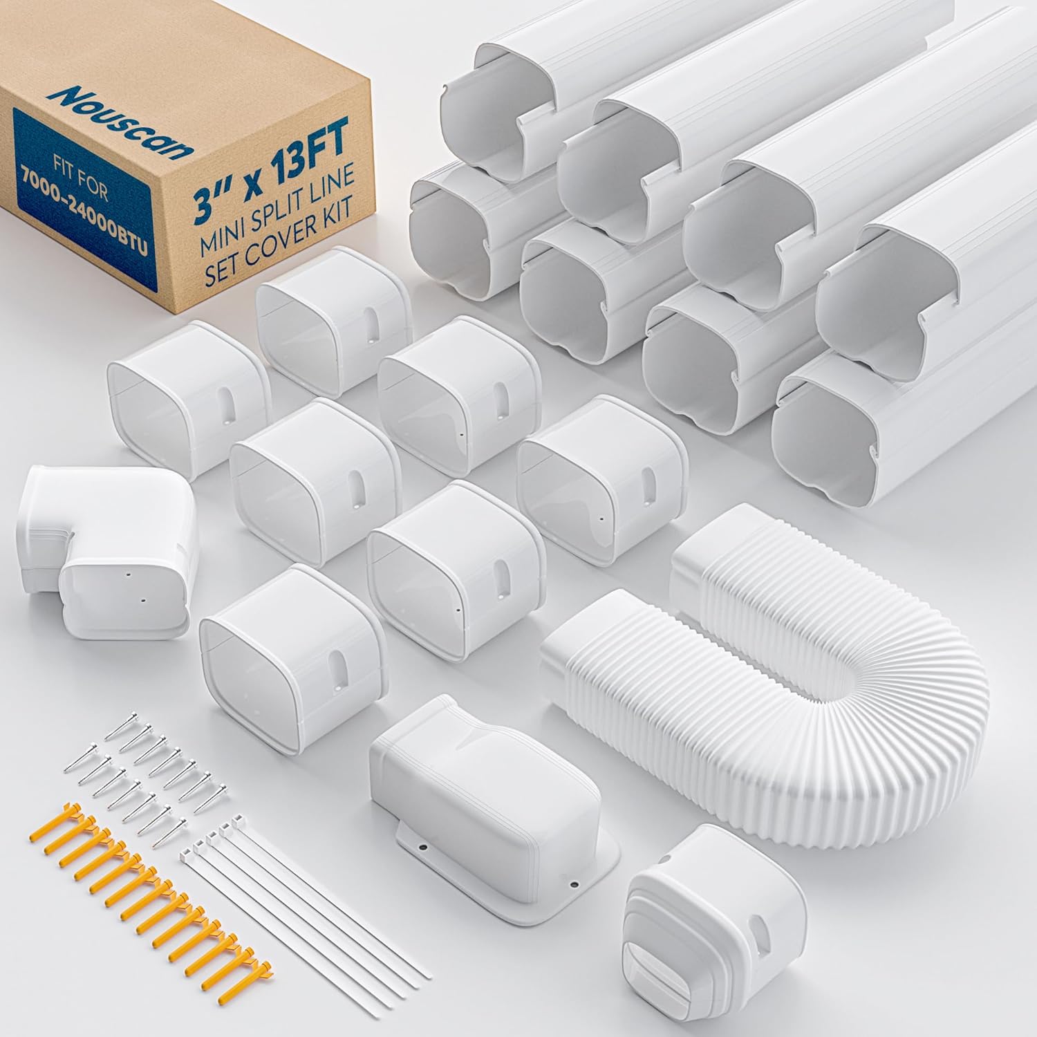 3" 13Ft Mini Split Line Set Cover with Flexible Duct, Upgrade PP Decorative Minisplit Lineset Cover Kit, Paintable for Mini Split, Air Conditioner, Central AC, HVAC and Heat Pumps, White