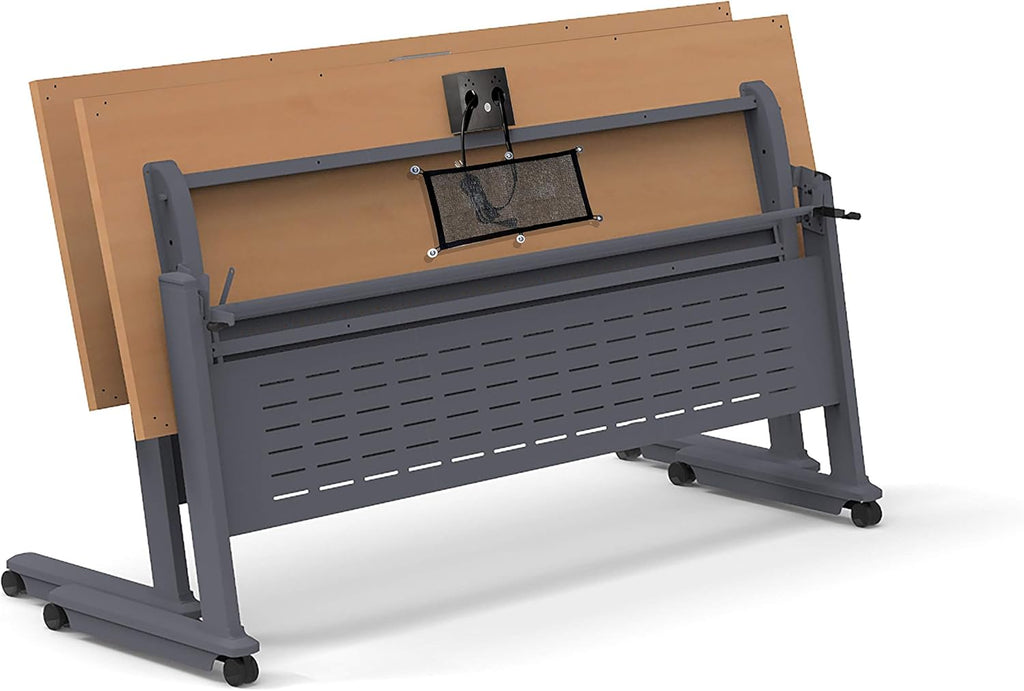 18 Person Tables Training Meeting Seminar Classroom Model 5637 10pc Beech Folding Industrial Caster Z-Base. Tables Connect. Modesty Panel, Shelf, Power+USB Outlet. Fold+Nest (Seating NOT Included).