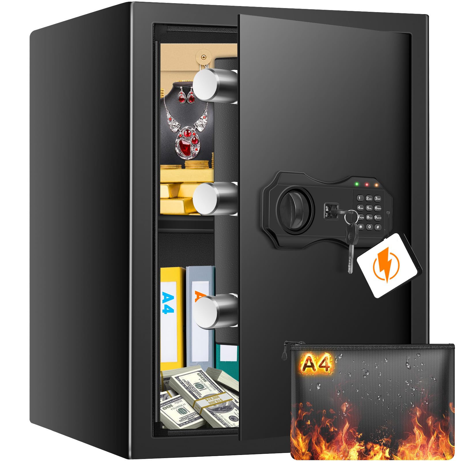 3.0 Cuft Large Home Safe Box with Fireproof Waterproof Bag, Digital Security Safes for Home with Keypad Lock and Key, Document Safe for Money, Safety Box for Office, Hotel and Personal Use