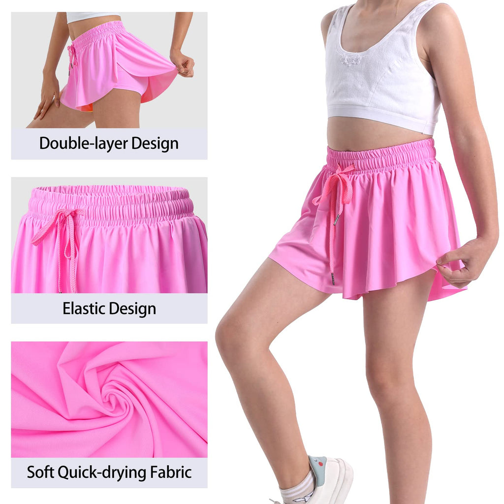 2 Pack Girls Athletic Flowy Shorts with Spandex Liner 2-in-1 Kids Butterfly Skirts Shorts for Dancing Running Sports