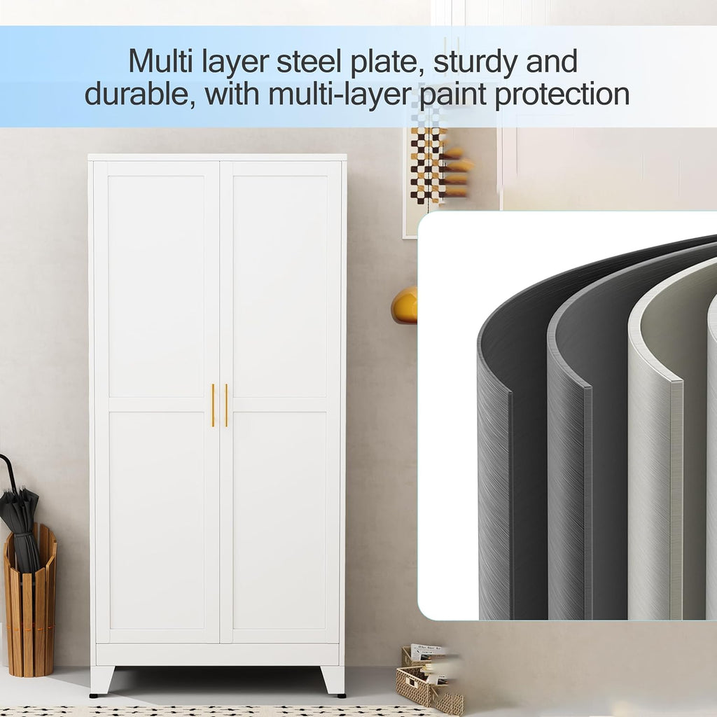 71 "Metal Armoire Wardrobe Closet, Steel Clothing Storage Cabinet with Adjustable Shelves and Hanging Rod, Household Steel Wardrobe Storage Cabinet with Adjustable standing feet (Wardrobe-white) - Grand Goldman