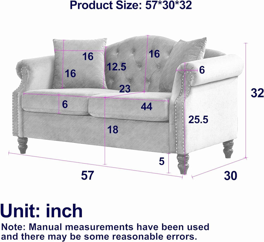 2 Piece Velvet Chesterfield Sofa,79" 3 Seater and 57" Loveseat Sofa Set,Button Tufted Nailhead Trimming Curved Backrest Rolled Arm (Grey, 79" 3 Seater and 57" Loveseat Velvet Sofa Sets)