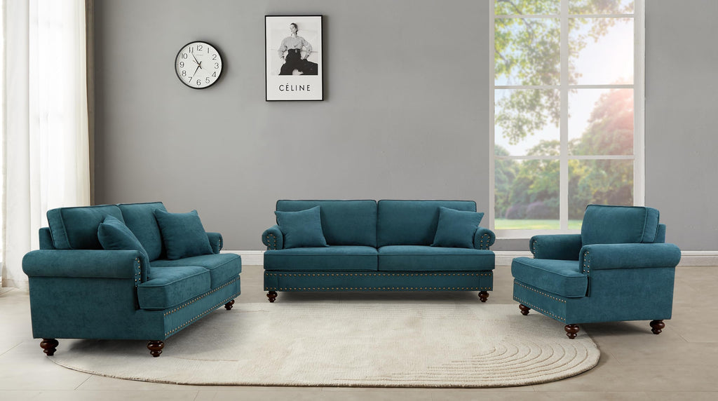 2 Pieces Chesterfield Sofa Sets Nailhead Decor Faux Leather Upholstered Tufted Sectional Sofa&Couch Include 3-Seaters Couch and Loveseat W/Rolled Arms and Wood Legs for Living Room Furniture Sets