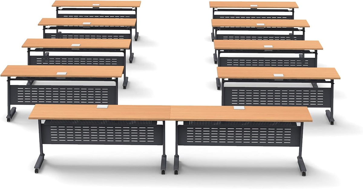 18 Person Tables Training Meeting Seminar Classroom Model 5637 10pc Beech Folding Industrial Caster Z-Base. Tables Connect. Modesty Panel, Shelf, Power+USB Outlet. Fold+Nest (Seating NOT Included).