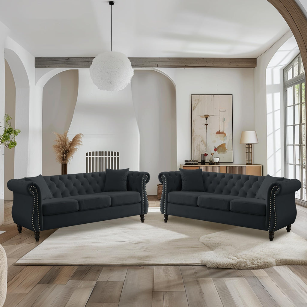 2 Piece Velvet Chesterfield Sofa,79" 3 Seater and 57" Loveseat Sofa Set,Button Tufted Nailhead Trimming Curved Backrest Rolled Arm (Grey, 79" 3 Seater and 57" Loveseat Velvet Sofa Sets)