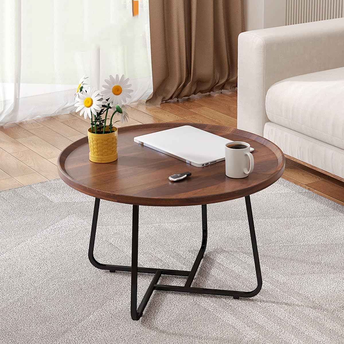 20 inches Round Coffee Table, Wooden Surface Top & Sturdy Metal Legs Coffee Table with Fluted, End Table for Living Room Bedroom Office Balcony Yard (Walnut, 20 inches)